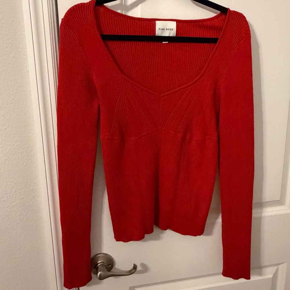 Pink Rose Bold Red V-Neck Sweater